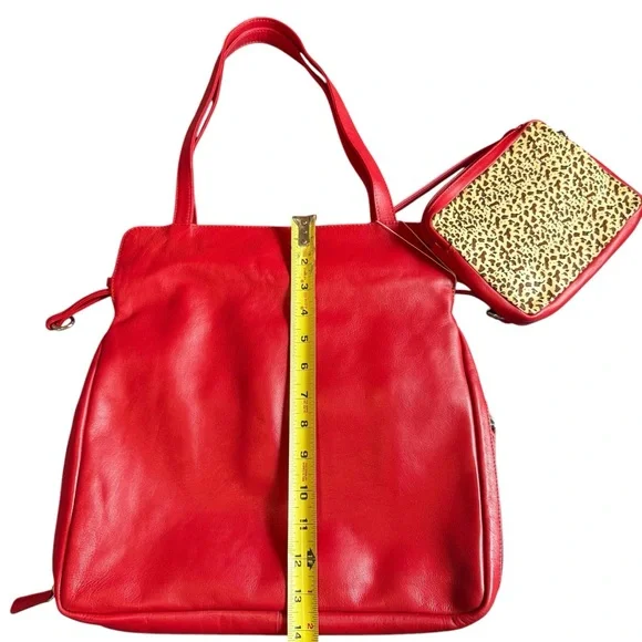 ILLI RED LEATHER TOTE BAG WITH LEOPARD PRINT LINING & MATCHING POUCH - Picture 4 of 8